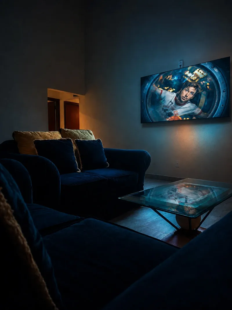 Sala de TV compartilhada com sofás e mesa de centro